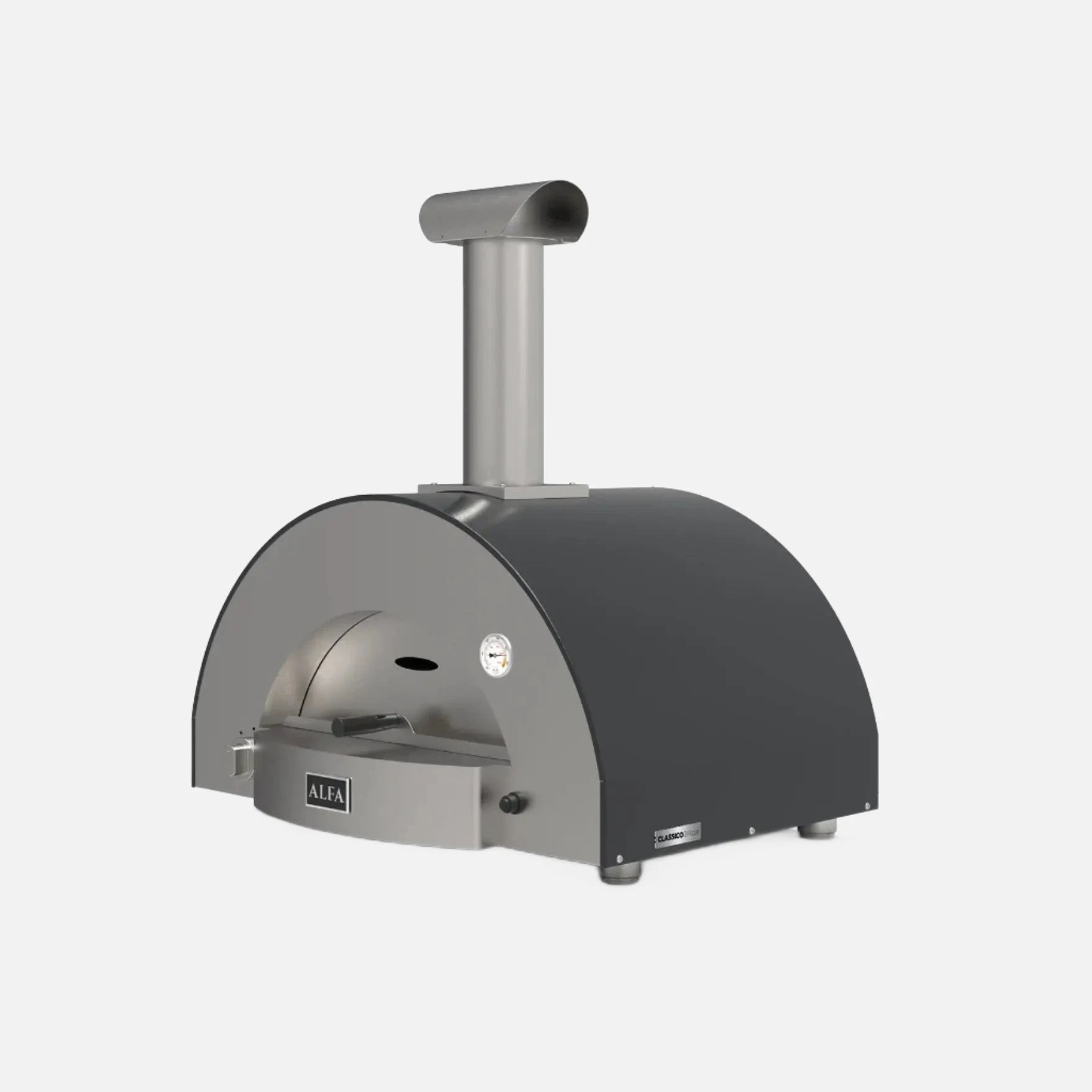 Gray Alfa Forni Moderno 2 Pizze Pizza Oven at an angle with gray background